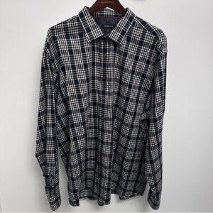 Bugatchi Uomo Men’s Long Sleeve Classic Fit Shirt Black Plaid 100% Cotton XXL